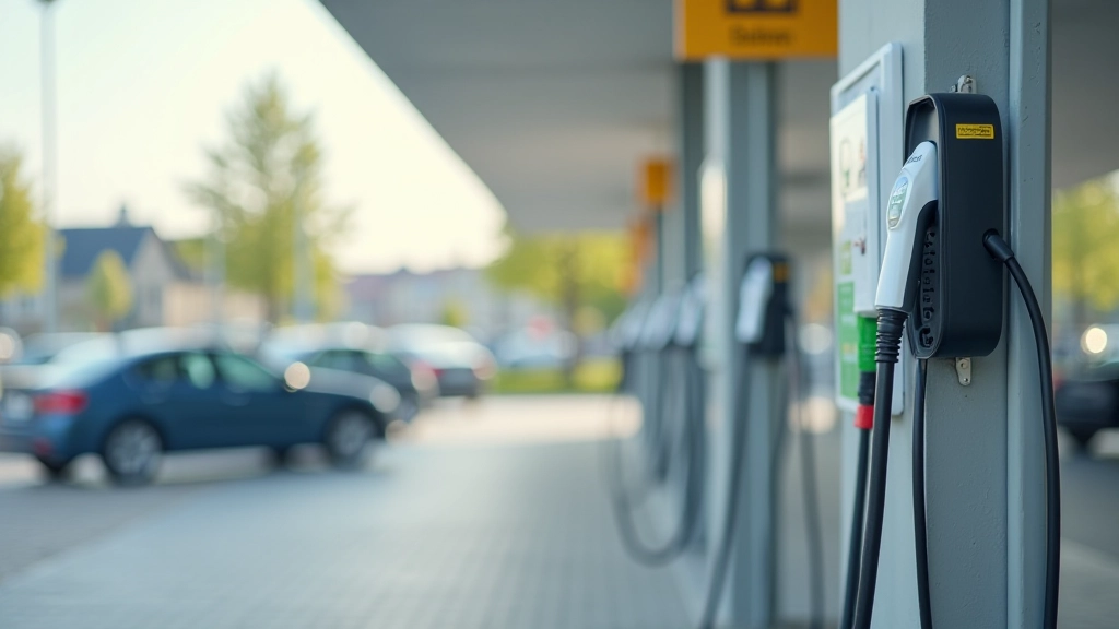 Elektromobiļa uzlādes stacija uz ielas ar sarkanu un melniem uzmaviem