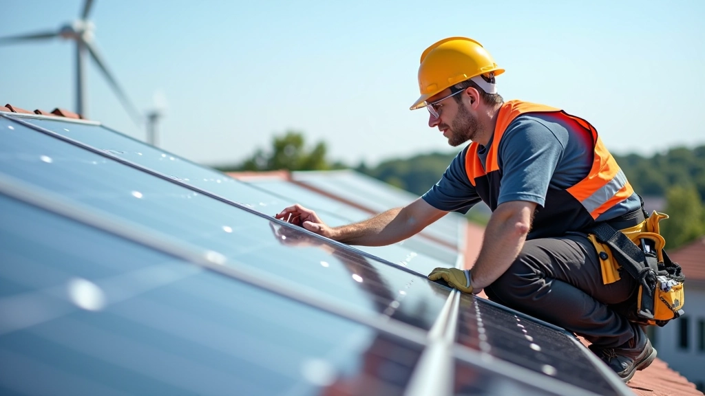 Elektriķis instalē saules paneļus uz jumta ar profesionālu aprīkojumu