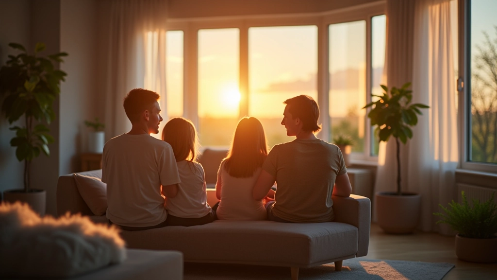 Ģimene sēž mājā ar skaidru skaņu un smaidu, moderna interjers