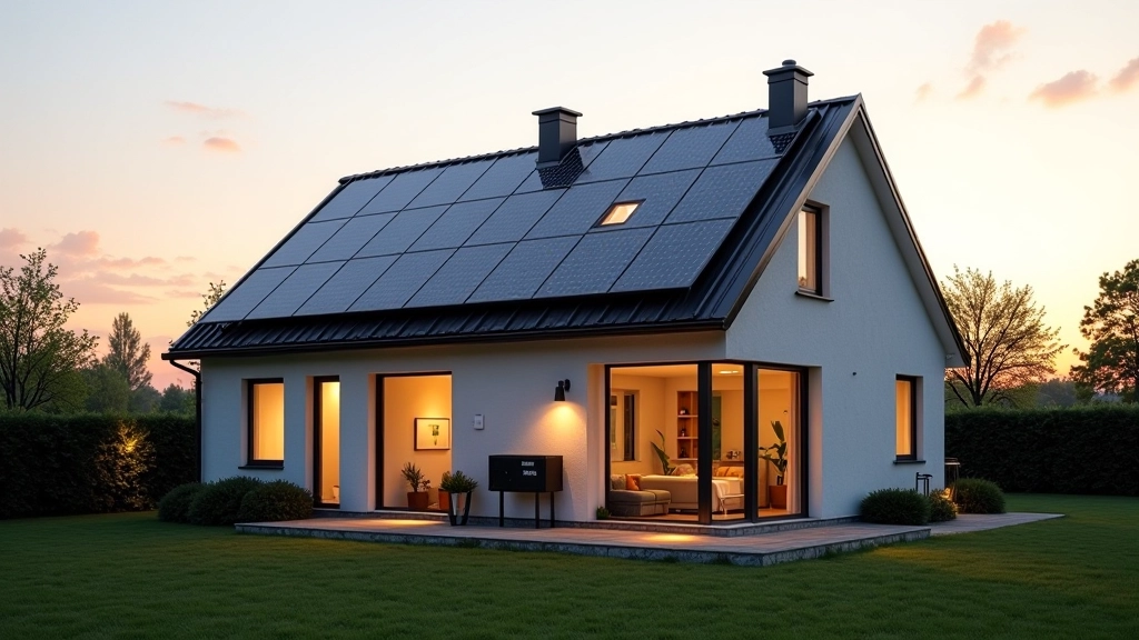 Nākotnes māja ar kombinētu enerģijas sistēmu — saules paneļi, vēja turbīna un enerģijas uzkrāšanas baterija