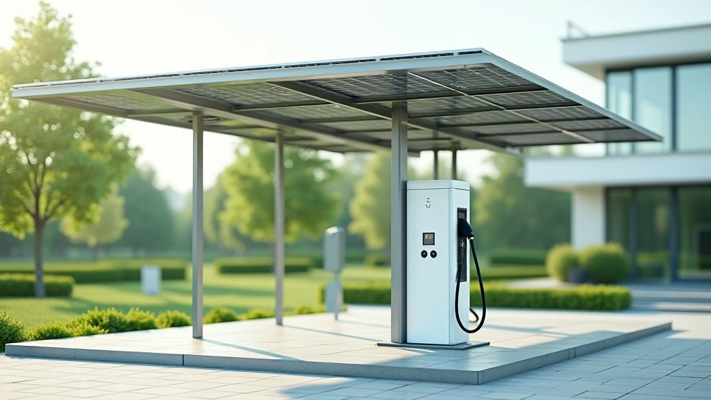 Futuristiska uzlādes stacija ar modernu dizainu, zaļām enerģijas avotēm un inovatīvām tehnoloģijām