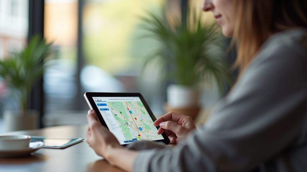 Elektromobiļa vadītājs planē ceļojumu ar aplikāciju uz planšetdatora un uzlādes stacijas redzamas kartē