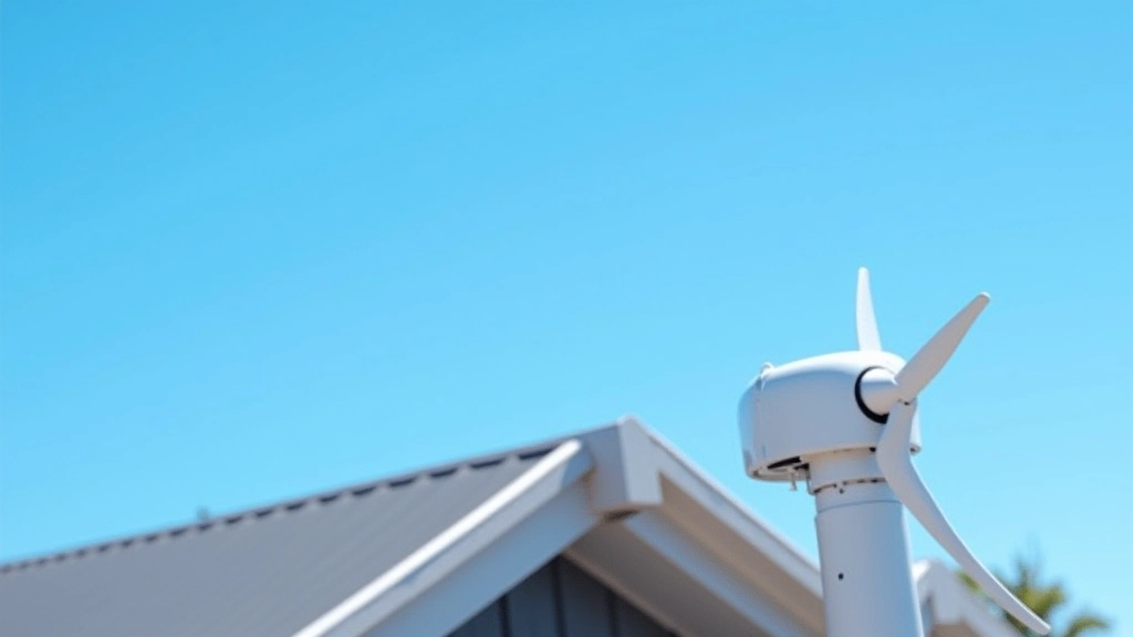 Maza vēja turbīna uzstādīta uz privātmājas jumta, balts ģenerators pret zilajiem debesīm